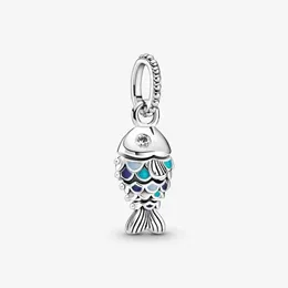 Autentyczne 925 Srebrne Koraliki Bransoletki musujące Blue Scaled Ryby Dangle Charm Slide Bead Charms pasuje do Europejskiej Pandora Styl Biżuteria Bransoletki Murano