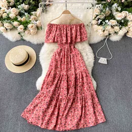 Singreiny Kadınlar Bohemian Çiçek Elbise Fransız Ruffles Slash Boyun A-line Elbiseler Yaz Kapalı Omuz Tatil Plaj Baskı Elbise 210419