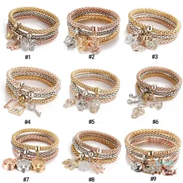 3 pz/set Gufo di Cristallo Corona Cuore Bracciali Strass Elefante Cranio Musica note farfalla Serratura a chiave Albero della vita Gioielli Braccialetto di Fascino