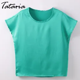 Tataria Yaz Kadın Bluzlar Feminino Kısa Kollu Ipek Kadın O Boyun için Femme Bluzka Damska Blusa Feminina 210514