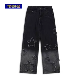 smec-pantalones pierna ancha con bordado estrellas para hombre y mujer Jeans mezclilla diseo gradado style hip hop 0309