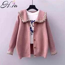 Kvinnor Sweater Cardigans Peter Pan Collar Söt Loose Korean Coat Button Up Pink Knit Jacka Poncho Femme 210430