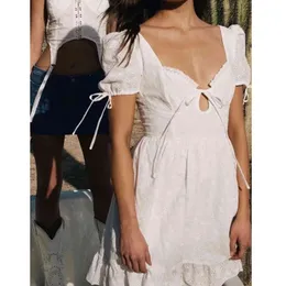 White Lace Dress with Embroidery Flower Women Summer Beach Boho Dresses Puff Short Sleeve Mini Vestidos Feminino 210415