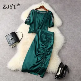 Summer Fashion Party Two Piece Outfits Elegant Short Sleeve Satin Blouse and Draped Pencil Skirt Suit Office Twinset 210601