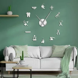 Dental Hospital Silent Wall Clock Dentist Frameless Diy Acrylic 3D Mirror Wall Watch Tooth Modern Design Oversized Time Wandklok H1230