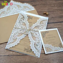 Biglietti d'auguri 10pc Laser Vintage Kraft Invito a nozze con buste Corda legata per decorazioni Forniture festive