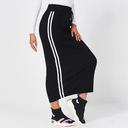 MAI&FUN Summer Women's Elastic Black Skirt Drawstring Webbing Knitted Striped Long Casual Sexy All-Match Bag Hip Calf 210629