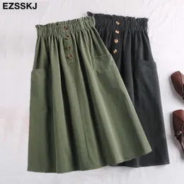 Knapp Midi Skirt Kvinnor Vår Sommar Casual Elegant Hög Midja Pocket Kjol Kvinnor Koreansk Tvätt Bomull A-Line Skirt 210708