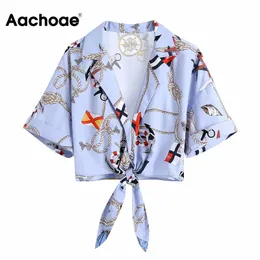 Summer Print Shirt Necked Neck Chic Bluzka Kobiety Batwing Z Krótkim Rękawem Bow Tie Tops Topy Blusas Y Camisas 210413