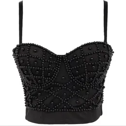 Sexy Pearls Beaded Bustier Corset Crop Top Camis Clubwear Party Cage Push up Tanks Bra with Detachable Sash White Black XS S M L