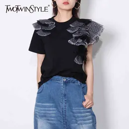 TWOWINSYLE Black Casual Patchwork Shirt For Women O Neck Short Sleeve Hit Color Shirts Female Summer Fashion ide 210524