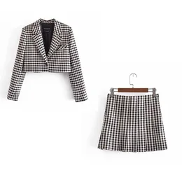 Bbwm kvinnlig retro chic college stil kostym lattice långärmad jacka + västerländsk stil A-line kjol två-del sätter kvinnor 210520