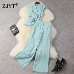 Summer Pants 2 Piece Set Women Fashion Work Wear Elegant Sleeveless Top and Wide Leg Trousers Suit Office Lady Outfits 210601