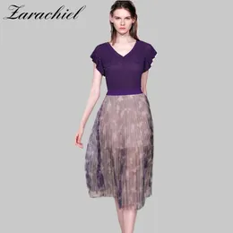 Fall Women Fashion Purple Butterfly Sleeve V-Neck Stickad Top + Flower Print Long Mesh Skirt Casual Two-Pistass Set 210416