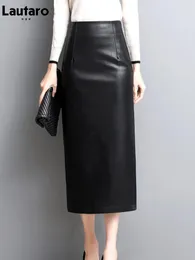 Spódnice Lautaro długie czarne ołówek skórzana spódnica Kobiety z boczną szczeliną wysoką talię plus rozmiar midi faux dla 4xl 5xl 6xl