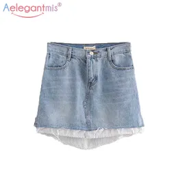 Aelegantmis İlkbahar Yaz Moda Yüksek Sokak Kadınlar Denim Etek Patchwork Bel Bayanlar StreetWerr Rahat Kısa Etekler 210607