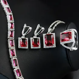 Brincos Colar Gzjy Mulheres Vermelho Cristal Azul 925 Sterling Silver Logo Anel de casamento Jóias de pulseira de braceletes para noiva