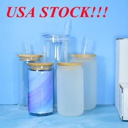 local warehouse sublimation 16oz glass can with bamboo lid reusable straw beer Can Transparent frosted Glass beer Soda Can Cup