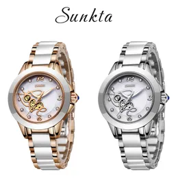 SUNKTA White Ceramic Quartz Women Watches Top Brand Luxury Simple Clock Girl Bracelet Diamond Watches Ladies Relogio Feminino 210517
