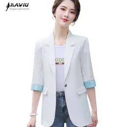 Vit Blazer Kvinnor Sommar Casual Half Sleeve Patchwork Slim Jacket Office Ladies Temperament Work Coat 210604