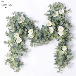 PARTY JOY 2M Artificial Flowers Plants Fake Eucalyptus Vine Garland Hanging for Wedding Home Office Party Garden Craft Art Decor 210706