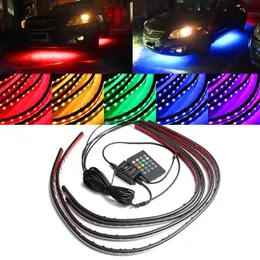Car Headlights 4x Waterproof RGB SMD Flexible LED Strip Under Tube Underglow Underbody System Neon Light Kit With Remote Control DC12V