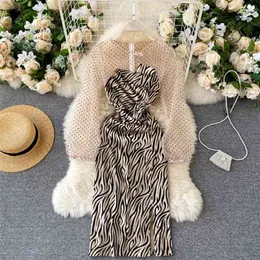 Seksi Nokta Baskı Örgü Perspektif Uzun Kollu Patchwork Kadın Elbise Moda Sonbahar Zebra Desen Split MIDI Partisi 210603