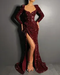 Sequined Red Prom Dresses High Neck Långärmad 3D Rose Blommor Sweep Train Mermaid Evening Gowns Custom Size Celebrity Party Dress