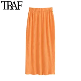 Traf Women Chic Fashion Orange Sticked Pencil kjol Vintage Hög Elastisk midja Kontorskläder Kvinnliga kjolar Mujer 210415