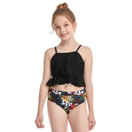 Childrens Swimsuits Girls Ruffled Bikini Set, Two Piece High Waisted  Swimsuit Floral Beachwear for Kids 2-12 Years