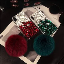 Bling Crystal Diamond Fox Fur Ball Wisiorek Pokrywa dla iPhone'a 11/12 Pro Max XS Max XR X 8 7 6S Plus Samsung Galaxy Note 9/10 S8 / 9/10 Plus