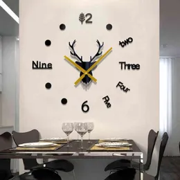 3D壁掛けの鏡の壁のステッカー鹿頭の創造的なDIY大きな壁掛けの石英腕時計アートデカールステッカーリビングルーム家の装飾H1230