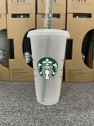 Starbucks 24oz/710ml Plastic Tumbler Reusable Clear Drinking Flat Bottom Cup Pillar Shape Lid Straw Mug BardianJIWHJIWH