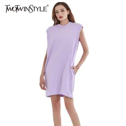 Dorywczo Minimalizm Dress Dla Kobiet O Neck Pad Ramię Bez Rękawów Luźne Oversize Dresses Kobieta Homewear 210520