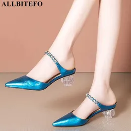 Allbitefo كعب شفافة جلد طبيعي المرأة الكعوب أزياء مثير النعال الصيف أحذية عالية الكعب زحافات 210611