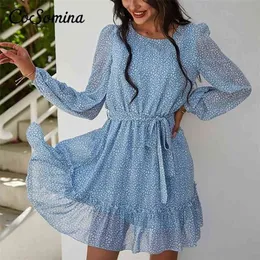 Cosomina Floral Print Ruffled Summer Dres Elegant Långärmad Sashes Kvinna Chiffon Bohemian Spring Short 210623