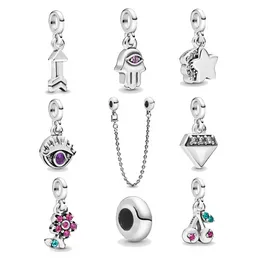 مجوهرات فاخرة أصيلة 925 جنيه إسترليني الفضة حبة Fit Pandora Charm أساور My Hamsa Hand Dangle Safety Chain Bendant DIY حبات