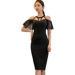 Black Sexy off shoulder Dress korean ladies Summer ruffle Sleeveless slash Neck tight Party midi Dresses for women 210602