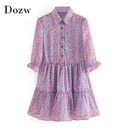 Women Elegant Chiffon Mini Dresses Ruffle Long Sleeve Floral Print Casual Turn Down Collar Chic Ladies Shirt 210515