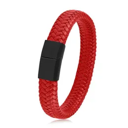 Charm Bracelets Men's Leather Bracelet Red Stainless Stain Magnetic Clasp Fashion Bangles 18.5/22/20.5cm