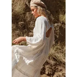 INSPIRED white cotton eyelet for women long sleeve summer new V-neck tiered maxi casual dress 210412