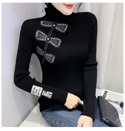 Autumn winter new design women's turtleneck long sleeve knitted bodycon slim waist rhinestone bow patched fashion knits tees sweater tops