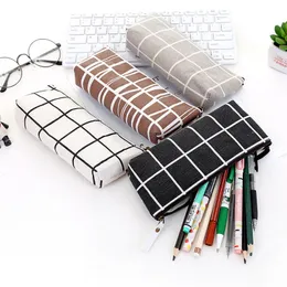 キャンバス幾何学鉛筆袋スクールシンプルな縞模様のグリッドソリッドカラーかわいいカワイイペンケースポーチオフィスの学生用品