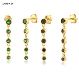 ANDYWEN 925 Sterling Silver Gold Six Green Black Zircon Charm Chain Drop Earring Piercing Rock Punk Women Fine Jewelry Gift 210608