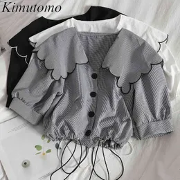 Kimutomo Peter Pan Collar Kort Blus Kvinnor Drawstring Hollow Out Waist Single Breasted Koreansk Färg Kontrastskjorta Kvinna Top 210521