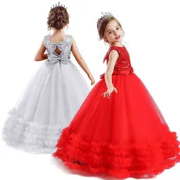 Wedding Princess Dress for Girl Flower Kids Bridesmaid Long Gown New Year Red Robe Backless Design Clothing Evening Party Wear G1215