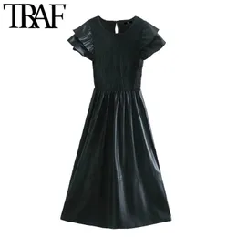 ONKOGENE Frauen Chic Mode Faux Leder Elastische Gesmokt Midi Kleid Vintage O Hals Rüschen Ärmel Weibliche Kleider Mujer 210415