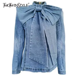 TWOTWINSTYLE Patchwork Bow Denim Damenjacke Stehkragen Langarm Vintage geraffte Jacken für weibliche Modekleidung 210722