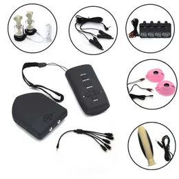 Wireless Remote Control Electro Shock Set Electric Stimulation Nipple Clamps Sucker Pads Anal Plug Themed Adult Sex Toys X0728