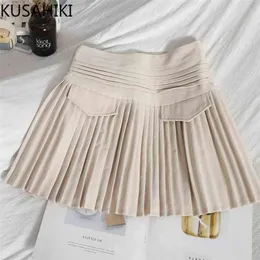 Kusahiki coreano plissado a linha mini saias causal primavera verão mulheres saia maciço faldas mujer moda 6g196 210708